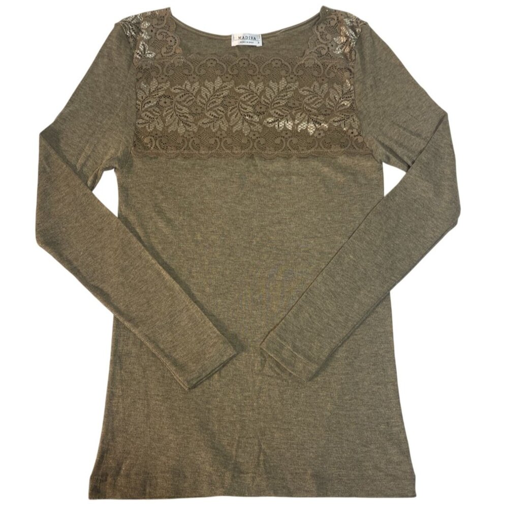 Madiva Women's Wool Blend Lace Long Sleeve Shirt Green Brown Sz 3 Made In Italy